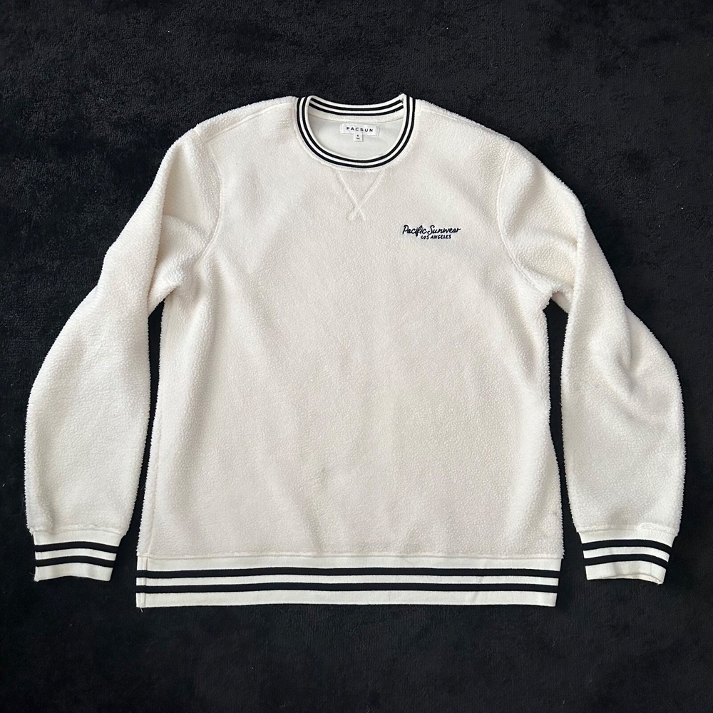 PacSun Sweatshirt Mens Small Pacific Sunwear White Sherpa Fleece‎ Striped Trim